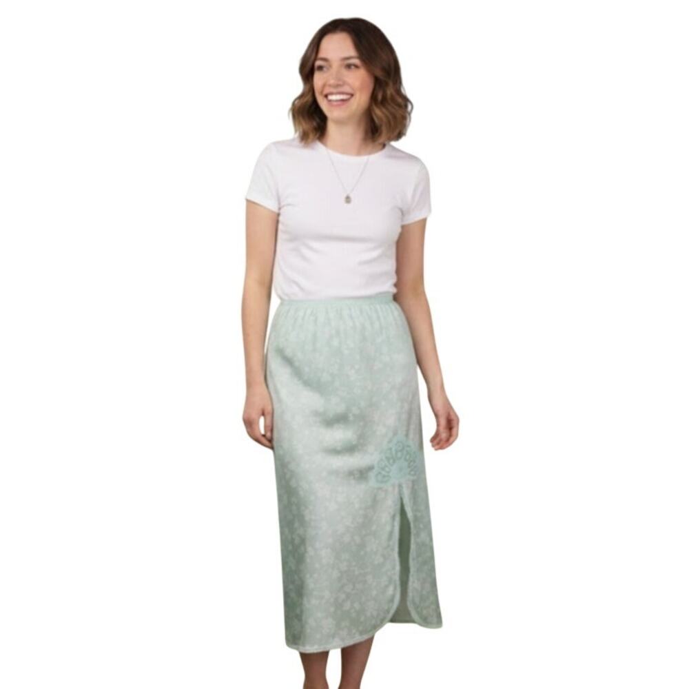 Vintage 70s Satin Slip Skirt Lace Slit Mint Green Floral Pastel M Coquette Fairy